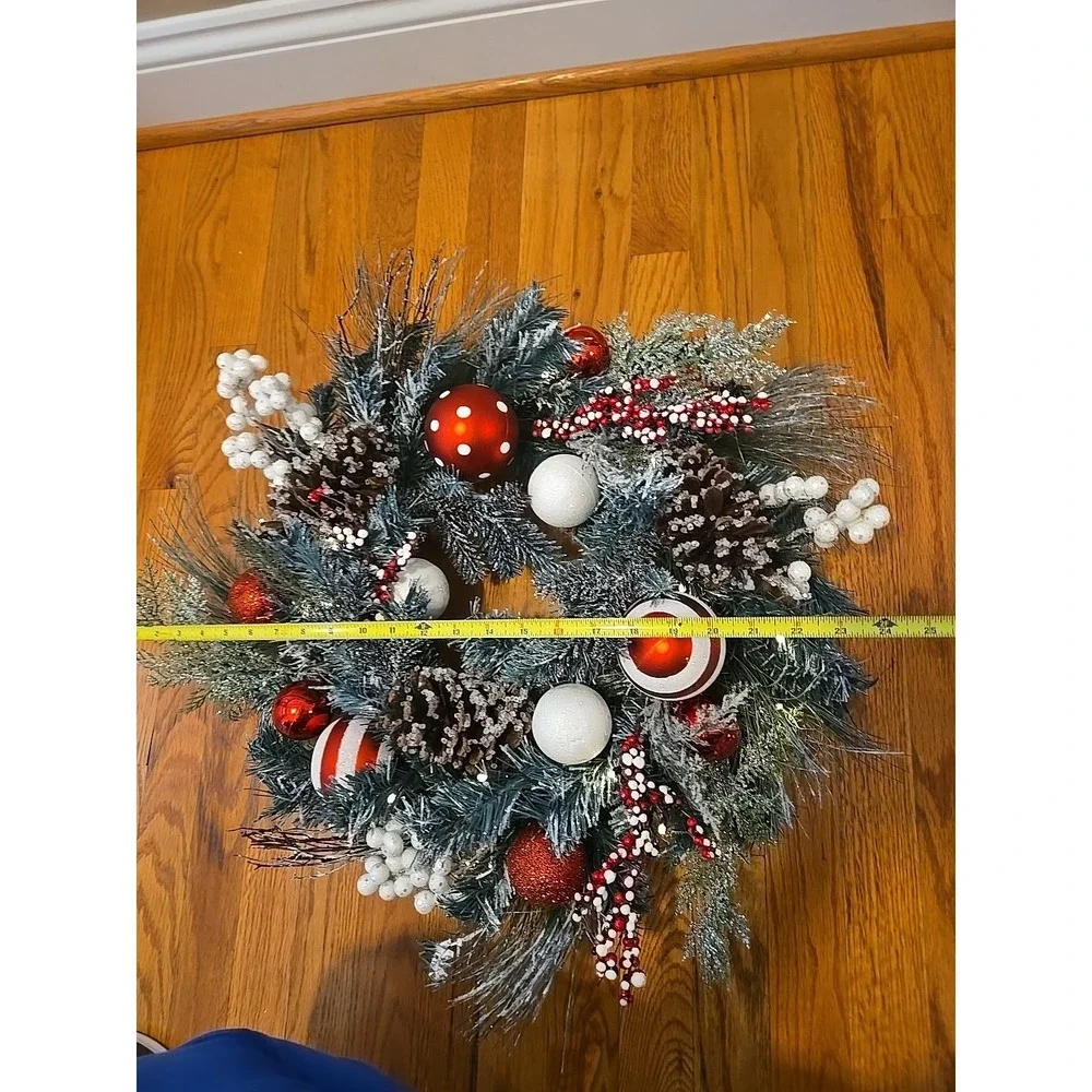 Valery Madelyn 24'' Pre-Lit Christmas Wreath for Front Door w Light Candy Cane